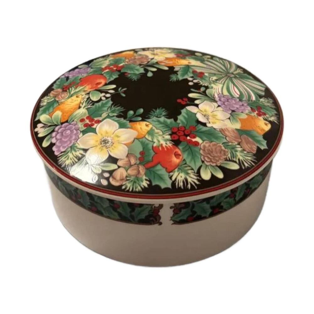 Vintage Porcelain Mikasa Festive Wreath Trinket Box-Japan